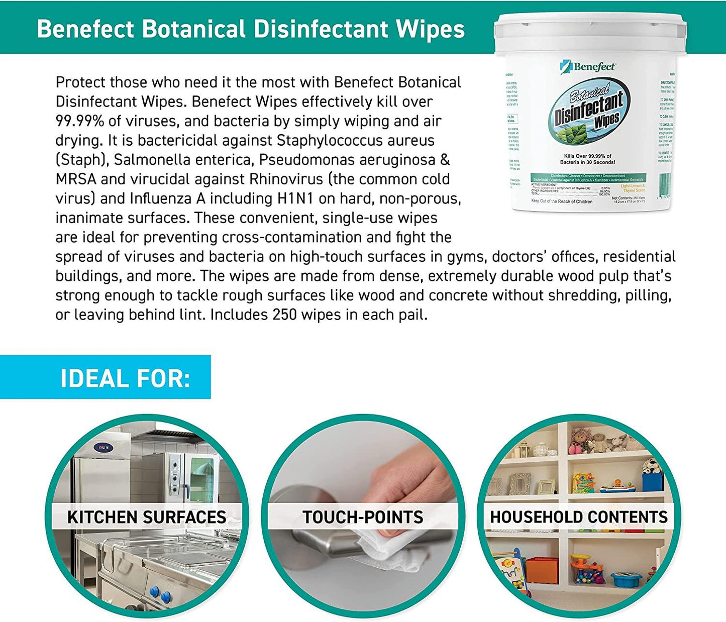Benefect Decon 30 Wipes – Biodegradable Disinfectant Wipes (250 ct Pail, Case of 6)